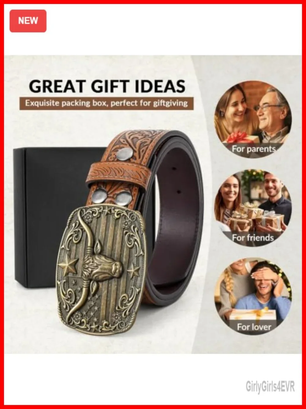 Embossed Leather Western Cowboy Belt with Longhorn Buckle